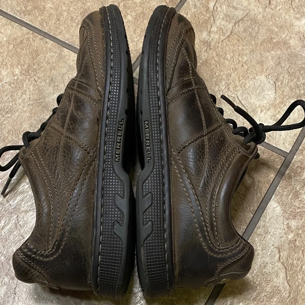 Men’s Merrell Dark Brown Leather Oxfords Size 9 Quiet Luxury Comfy Careers